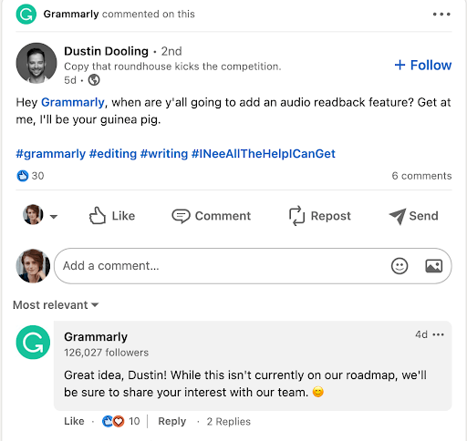grammarly social selling example 