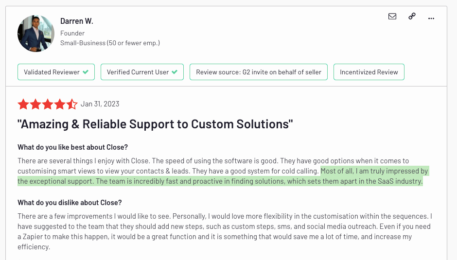 Close Vs. Go HighLevel Customer Support and Documentation - Close Support review
