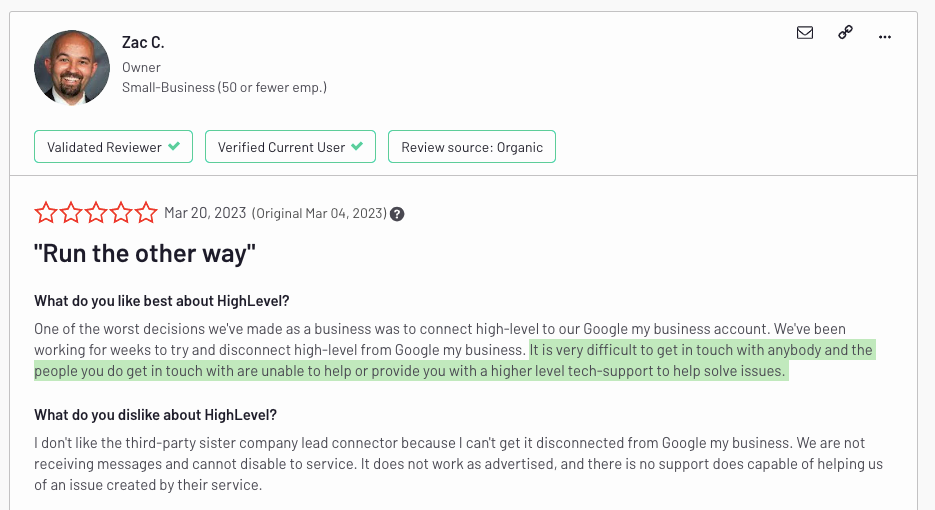 Close Vs. Go HighLevel Customer Support and Documentation - Go HighLevel Customer Support Negative Review