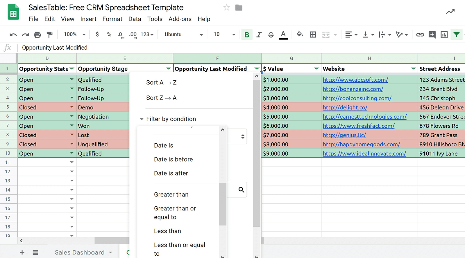 Sorting Your Google Sheets CRM Template