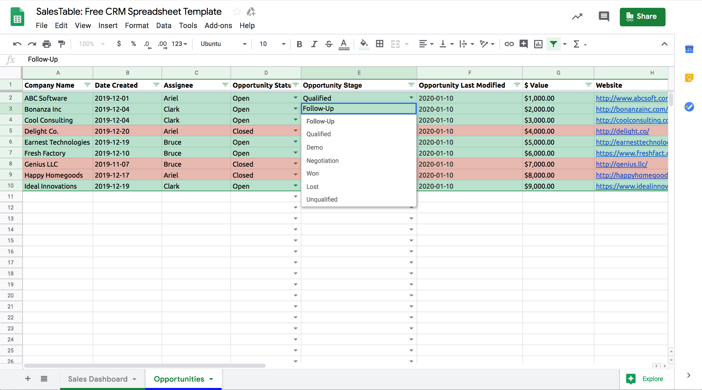 Adjust Opportunity Stages in Your Google Sheets CRM Template