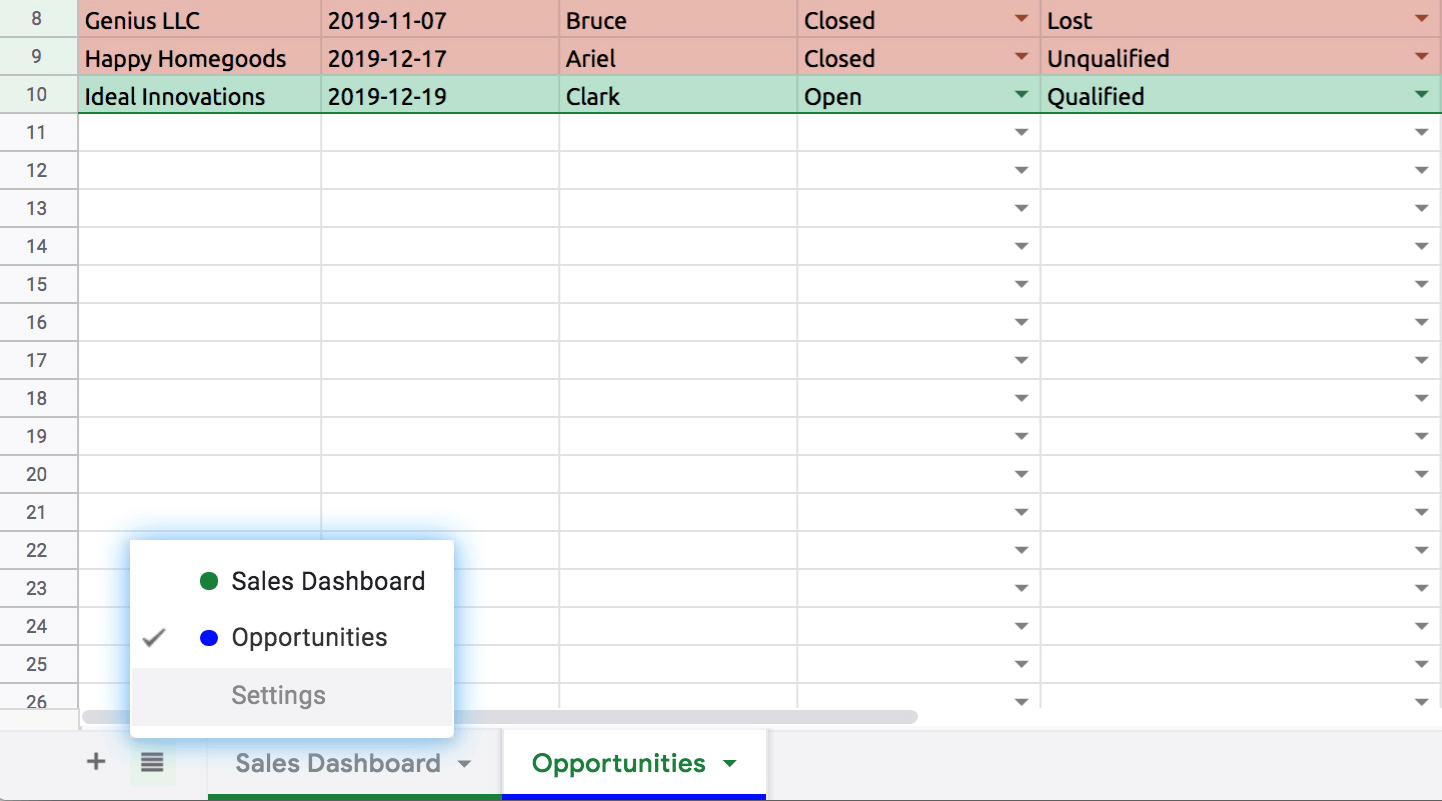 See the Settings Menu in Google Sheets CRM Template